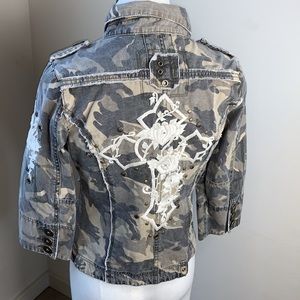 EUC Miss Me Camo Canvas Military Embroidered Jacket Small
